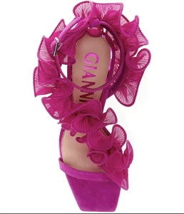 Gianni Bini Franz Suede Chiffon Ruffle Heel Sandals Sunrise Pink- Size 6.5 - Picture 1 of 13