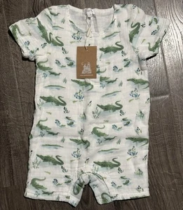 24m NEW Angel Dear Boy Gator Print Muslin Henley Shortall Romper - Picture 1 of 3