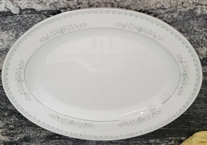 M Fine China 14" Oval Serving Platter Shelley by Japan #3612 Blue Flowers Leaves - Picture 1 of 4