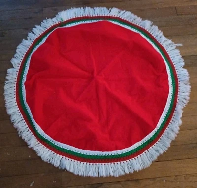 Christmas Red Tablecloth Fringed Red White Green 32"  SideTable Handmade - Image 1 of 4