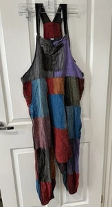 Festival Boho Hippie Patchwork Rainbow 100% Cotton Drop Overalls Size L 12 14 - Picture 1 of 15