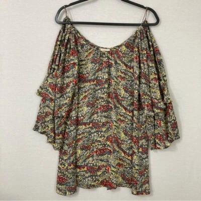 Parker Multi Color 100% Silk Cold Shoulder Ruffle Sleeve Relaxed Blouse XS - Image 1 of 4