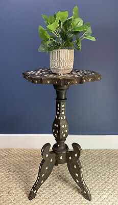 Antique Decorative MOP Inlaid Wooden Tripod Small Wine Side Table • 85£