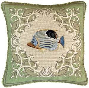 Beach House Needlepoint Pillow Tropical Fish Foureye Butterflyfish 17x17 Cushion - Picture 1 of 4