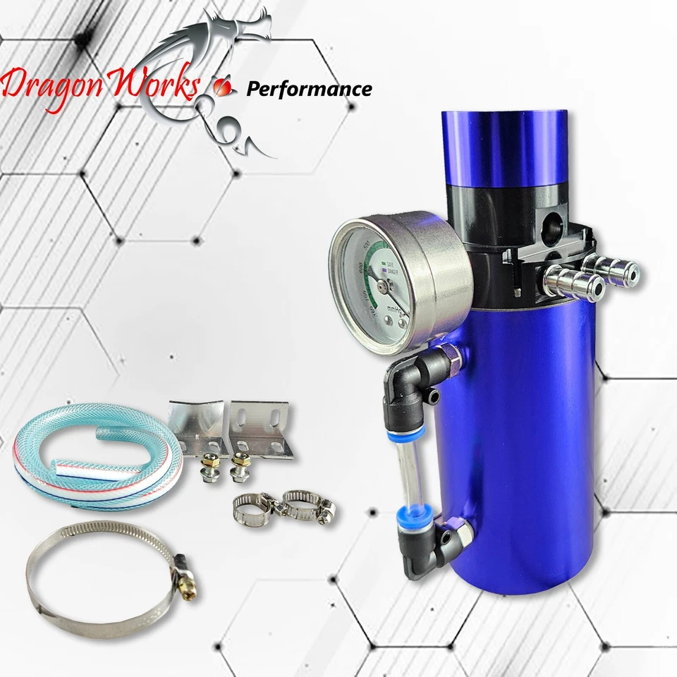 Oil Catch Can Baffled Tank Breather Universal Blue with Gauge Fits Fiat - Image 1 of 4