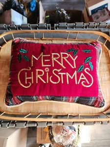 Merry Christmas Black Velvet Gold Embroidered Tartan Plaid Holly 10”x12” - Picture 1 of 4
