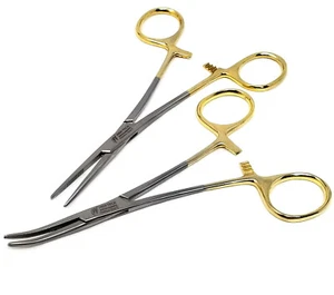Pinzas de bloqueo Kelly hemostático rectas + curvas instrumentos quirúrgicos de 5,5" - DORADO - Imagen 1 de 3