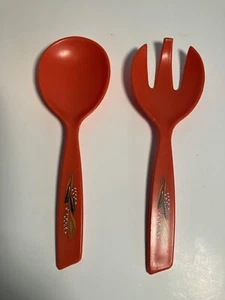 Vintage MCM hard plastic salad serving spoon & fork color orange . - Picture 1 of 4