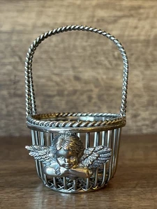 Vintage geflochtener silberfarbener Metallkorb Engel Cherub Schmuck Schale Weihnachtsdeko - Bild 1 von 7