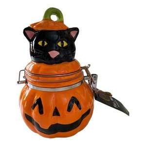 Ceramica Halloween Luna Piena Gatto Nero in Barattolo Jack o Lanterna Zucca Trattamento - Foto 1 di 3