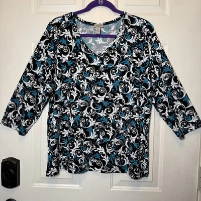 Top suéter Easywear By Chico’s cuello en V talla 3 cachemira aguamarina blanco y negro Foto 1 de 4