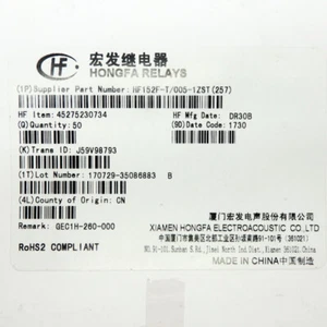 50 Pack Hongfa 16A SPDT 5V Subminiature High Power Relay HF152F-T/005-1ZST(257) - Picture 1 of 4