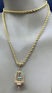 ESTATE VINTAGE GOLD TONE BIRD CAGE PENDANT ROPE CHAIN NECKLACE 30" - Picture 1 of 9