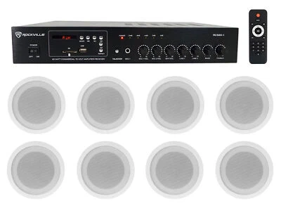 Rockville Commercial 70v Amp+(8) White 5" Ceiling Speakers 4 Restaurant/Bar/Cafe - Image 1 of 4