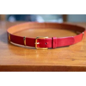 Vintage Women's Thin Red Leather Belt with Gold Bars Morris Moscowitz Small 27" - Picture 1 of 4
