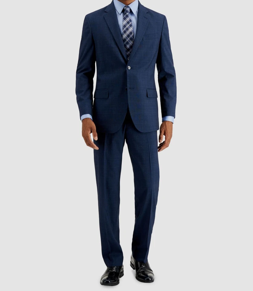 Nautica Men's Blue Plaid Modern-Fit Bi-Stretch 2-PC Jacket Pants Suit Size 46L