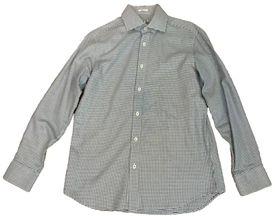 BUGATCHI SHAPED FIT BUTTON UP SHIRT MENS M NAVY BLUE CHECK LONG SLEEVE COTTON - Image 1 of 4