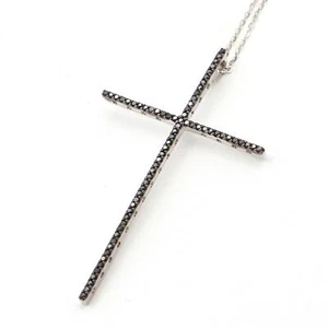 Estate 14K White Gold Black Diamond Cross Pendant Necklace - Picture 1 of 5