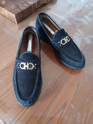 Vintage Salvatore Ferragamo Men’s Black suede lug sole loafer w/Gold Gancini 8-D - Image 1 of 4