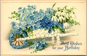 Vintage Geburtstag geprägter Wagen gefüllt mit Forget me Nots Blumen unverpostet - Bild 1 von 3
