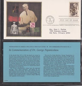USA 1978 FDC DR GEORGE PAPANICOLAOU DEVELOPED PAP TEST + CARD + CACHET - Picture 1 of 1