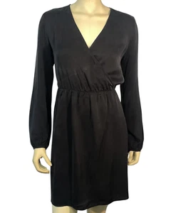 Theory Sz L Liev Wrap Dress Long Puff Sleeve V-Neck Black Cicero Silk Minimalist - Picture 1 of 9