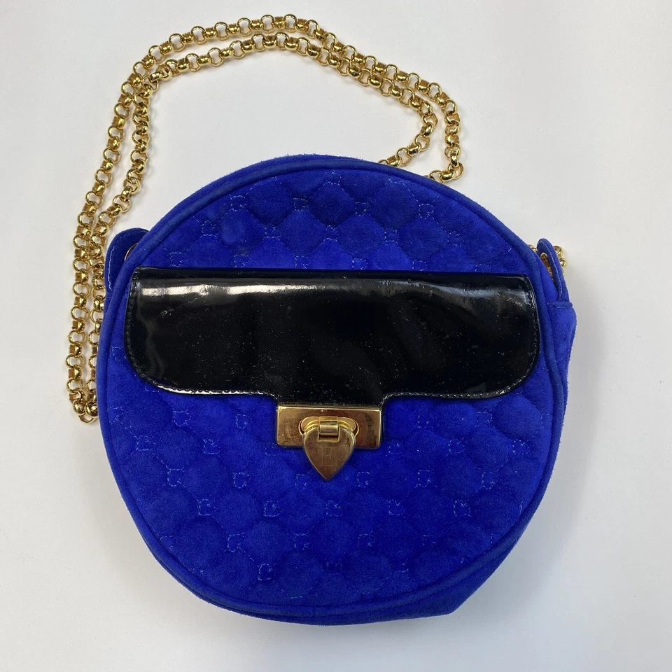 Bolso de hombro vintage ESCADA púrpura cosido corazones gamuza redondo años 90’s Foto 1 de 4