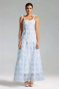 Boho Maxi Dress Chiffon Floral Blue White Large Tied Strap Sweetheart Adjustable - Picture 1 of 14