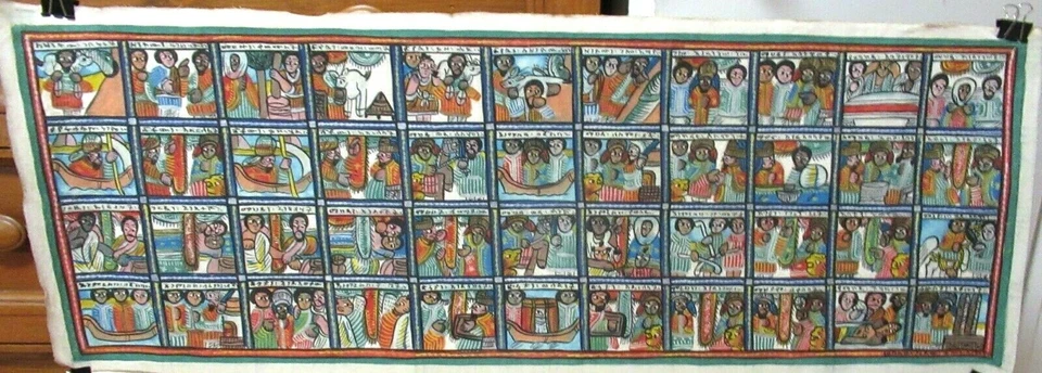 ESCENA DEL PUEBLO ETÍOPE ACRÍLICO SOBRE TELA DE CERA PINTURA FIRMADA  Foto 1 de 4