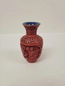 Vintage Red Cinnabar Vase Brass Blue Enamel Lining - Picture 1 of 9