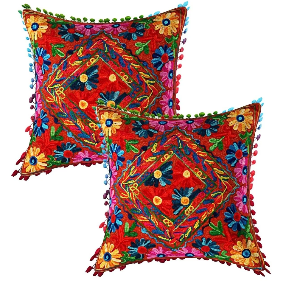 Multi Embroidered Sujnai Floral Design Red Cotton Woolen SQUARE Pillow,EuroShams - Image 1 of 1
