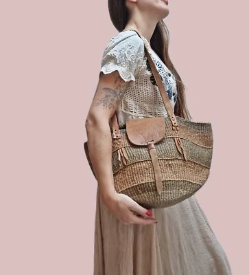 VINTAGE BUCKET BAG Woven Sisal Leather African Kiondo Boho Hippie Shopper Tote - Image 1 of 4