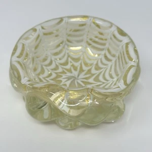 Vintage Murano Art Glass Bowl Gold Flecks White Web Pattern Hand Blown MCM - Picture 1 of 12