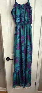 Express Dress Womens Teal Purple Floral Spaghetti Strap Ruffled Maxi Summer XS - Picture 1 of 4