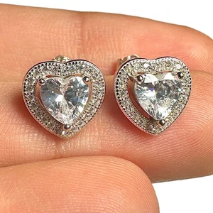 Heart CZ Stud Earrings 925 Sterling Silver Halo Sparkling Jewelry Gift for Women - Picture 1 of 8