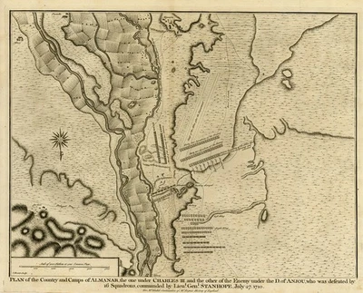 Antique Map-Battle of Almenar-Spanish Succession Wars-Basire -ca. 1750 - Image 1 of 4