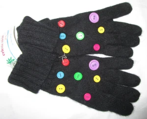 Vintage 90er neu aus altem Lagerbestand Celeste Stein schwarze Strickhandschuhe mit bunten Knopfverzierungen - Bild 1 von 4