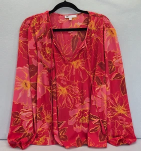 DR2 Womens Pleated Smock Blouse Long Sleeve V Neck Bold Floral Size Large - Picture 1 of 13