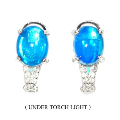 Orecchini In Argento Sterling 925 Ovali 9x7mm Con Gemma Opale Blu Fuoco - Immagine 1 di 4