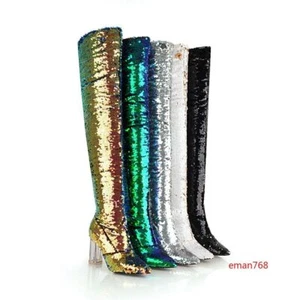 Women's Chunky High Heels Boots Sequin Glitter Ankle Over Knee Thigh High Boots - Picture 1 of 29