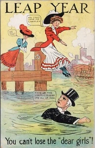Leap Year A/S August Hutaf Vintage Comic Postcard Ladies Leap to Water after Man - Picture 1 of 2