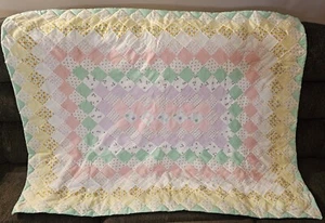 Handmade Pastel Flannel Flowers Baby Quilt Pink Purple Yellow Green Vintage GUC - Picture 1 of 5