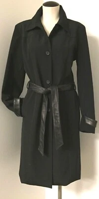 MARC NEW YORK IMPERMEABLE NEGRO CON CINTURÓN TRENCH HASTA LA RODILLA CON CINTURÓN DE CUERO Y RIBETE L Foto 1 de 4