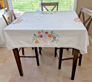 Vintage Handmade Fruit Basket Cross Stitched Tablecloth Rectangle 47" x 52" - Picture 1 of 10