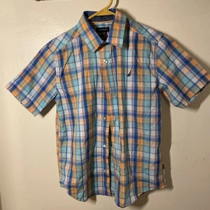Nautica Blue Orange Plaid Boys Button Down Shirt 10/12 - Picture 1 of 4