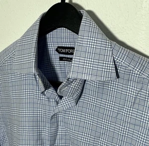 Camicia elegante uomo Tom Ford taglia 38 (15-32) polsino francese cotone blu a quadri lusso - Foto 1 di 12