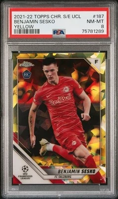 2021-2022 Topps Chrome Sapphire UCL Benjamin Sesko Yellow 33/99 #187 PSA 8 - Image 1 of 2