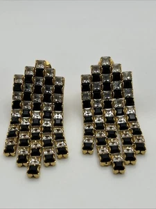 Monet Vintage Black & White Checkerboard Waterfall Dangle Clip Earrings 2.5” - Picture 1 of 11