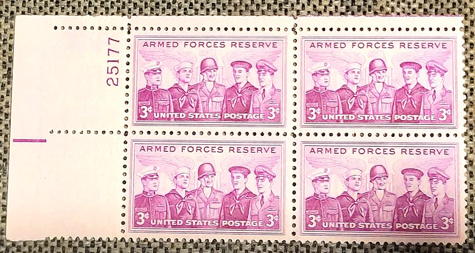 LQQK!SCOTT#1067 3¢ ARMED FORCES RESERVES-PLATEBLOCK OF 4-MNH/OG-F/VF-1955-PURPLE - Image 1 of 3