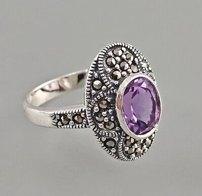 9923566 Anello In Argento 925 Con Ametista Viola E Marcassite Taglia 56 Vintage - Immagine 1 di 3